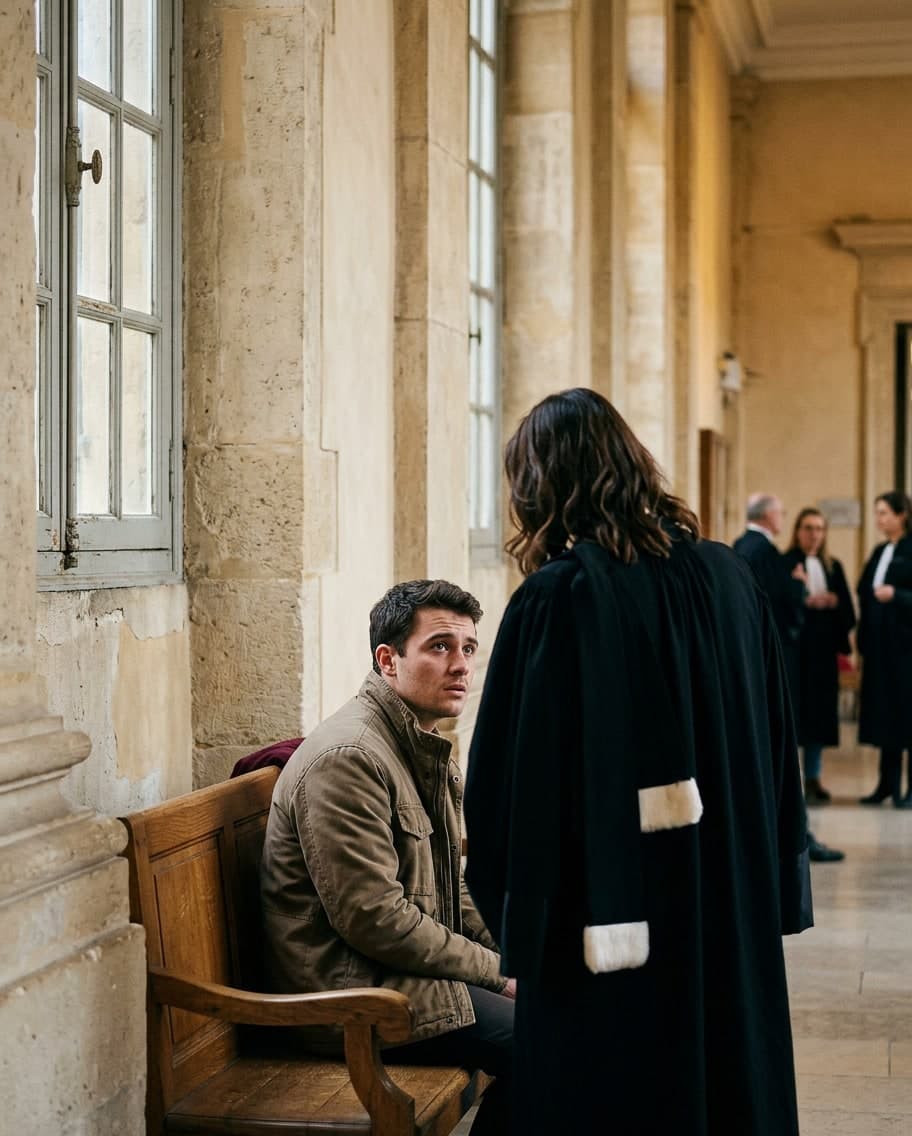 Un avocat en robe s'entretenant avec un jeune homme dans un couloir de palais de justice